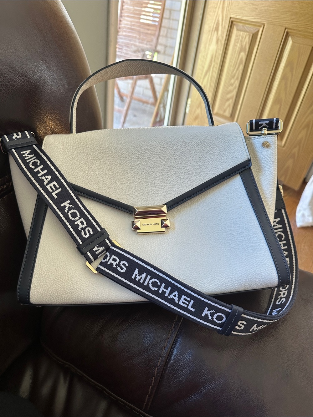 Michael Kors White and Navy Leather Top-Handle Satchel